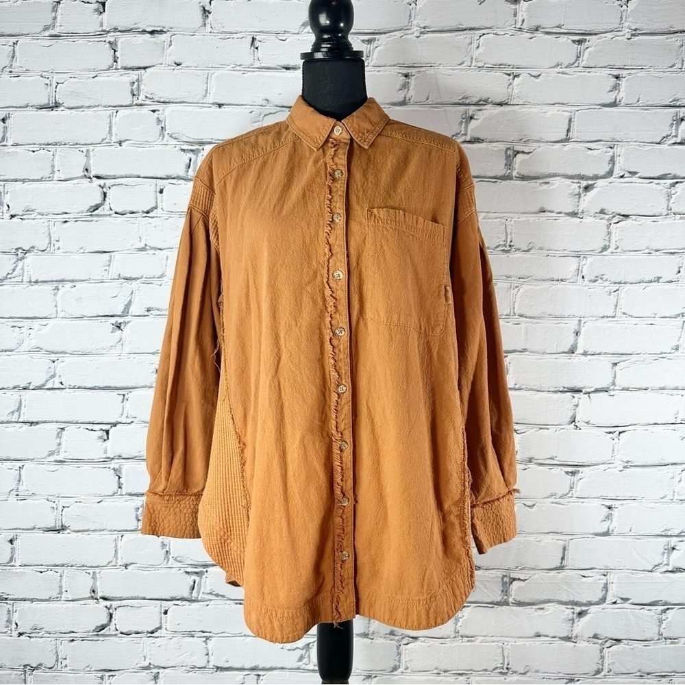 Free People Long Sleeve Cotton Orange Thermal Button Up Small Oversized Boho